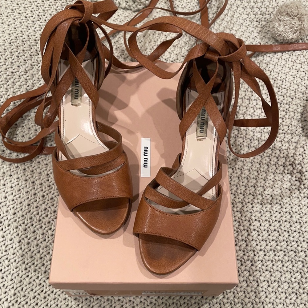 Miu Miu lace up sandals brown leather